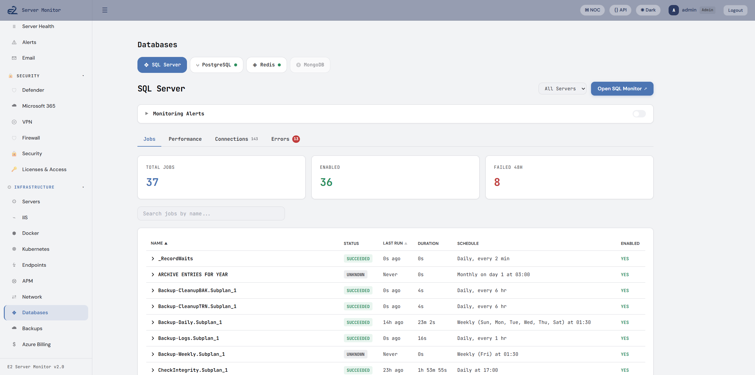 Siren database monitoring showing SQL Server jobs and status